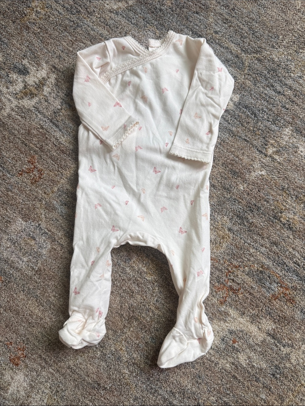 Cream Footed Baby One-Piece with Soft Pink Butterfly Print